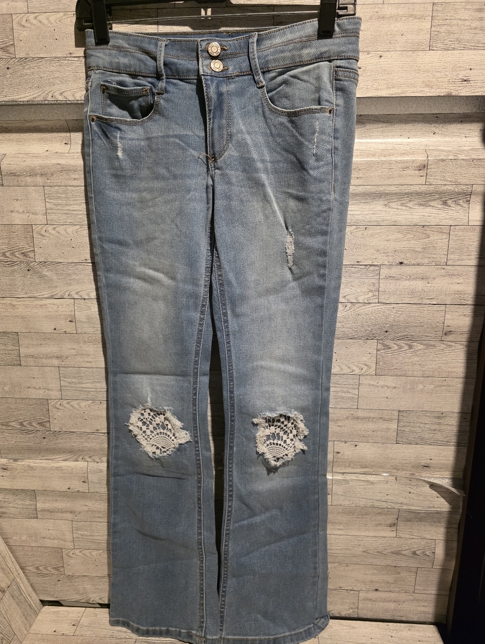 Mudd Light Blue Distressed Flare Jeans with Lace Knee Patches